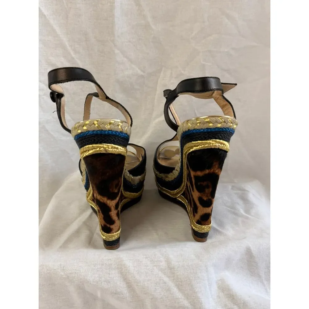 Authentic Christian Louboutin Leopard Pony Hair Platform Wedge Sandals Leather